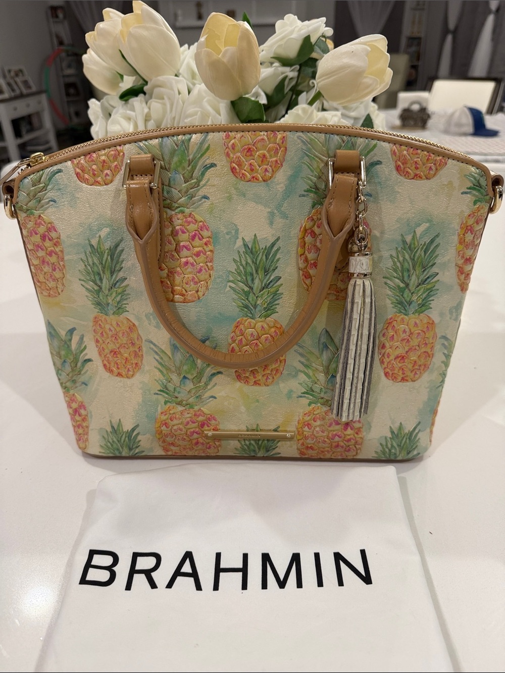 Brahmin Duxbury Satchel Multi Pomparo Pineapple -Print  with Tassel